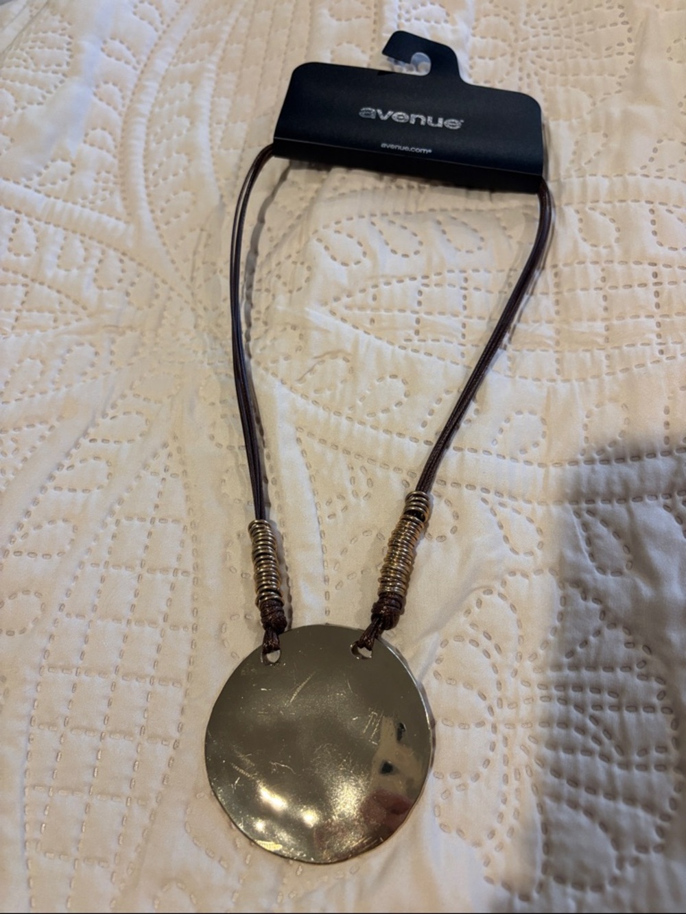 Avenue Gold Disc Pendant Necklace with Brown Cord and Gold Accents